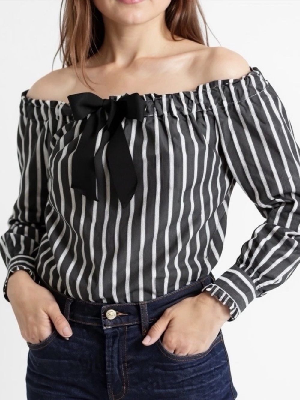 J.Crew Off the Shoulder Striped Poplin Bow Long-Sleeve Top